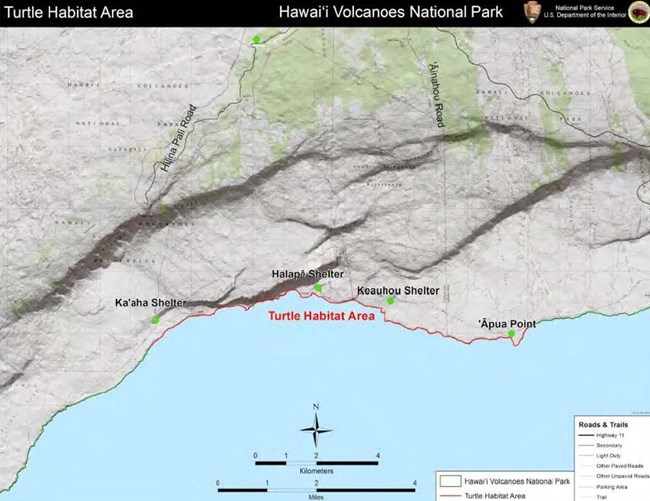 A map depicting turtle nesting habitat from Kaʻaha shelter to ʻĀpua Point.